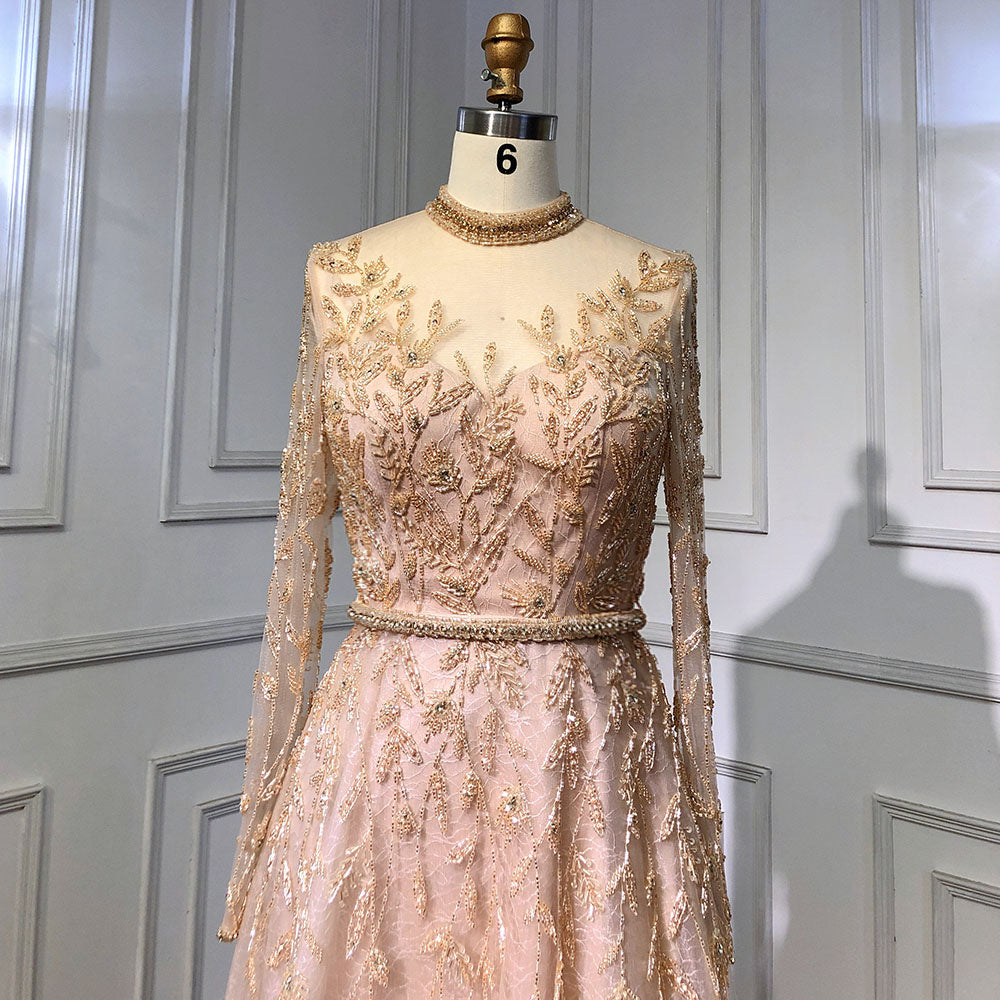 Serene Hill Gold Luxury A-Line Evening O-Neck Dresses Gowns 2025 Beading Spaghetti Strap Sexy For Women Party LA71378L - SERENE HILL