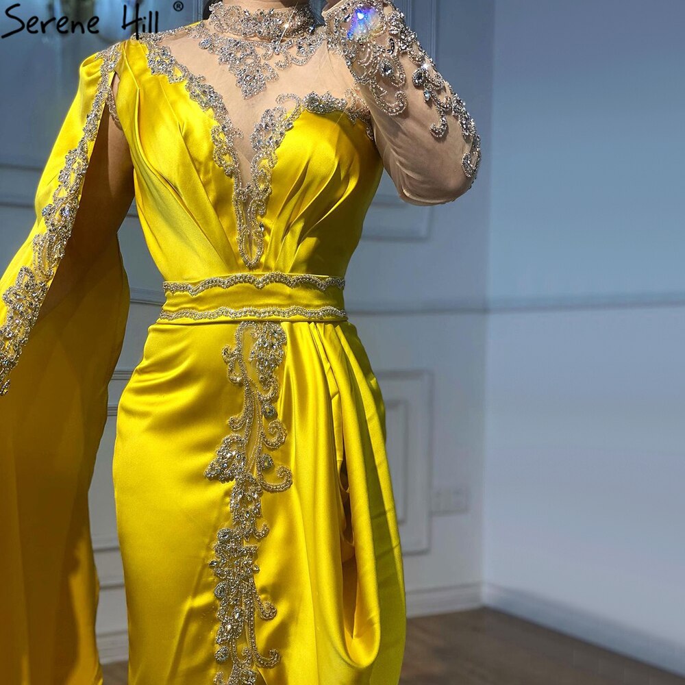 Serene Hill Gold Mermaid Elegant Evening Dresses Gowns 2025 Satin Luxury Beading One Shoulder For Women Party LA70869 - SERENE HILL