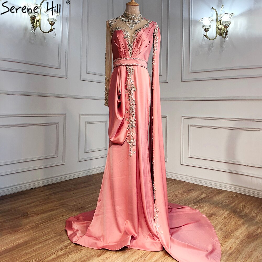 Serene Hill Gold Mermaid Elegant Evening Dresses Gowns 2025 Satin Luxury Beading One Shoulder For Women Party LA70869 - SERENE HILL