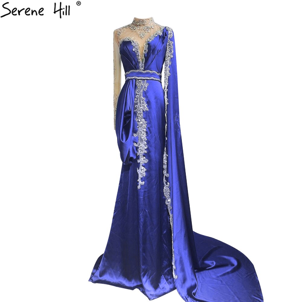 Serene Hill Gold Mermaid Elegant Evening Dresses Gowns 2025 Satin Luxury Beading One Shoulder For Women Party LA70869 - SERENE HILL