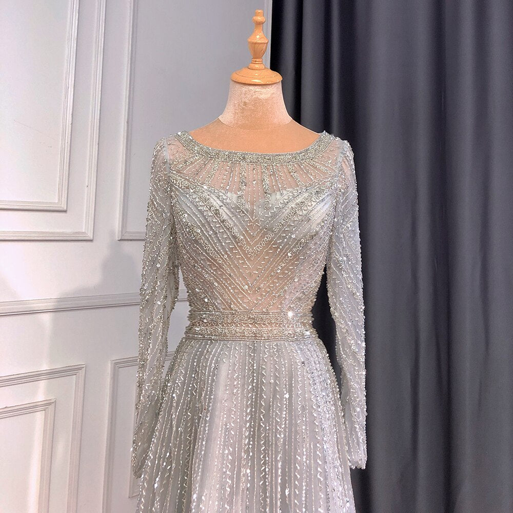 On Sale no return no refund Serene Hill Gold Mermaid Elegant Long Sleeves O-Neck Evening Dresses Gowns Luxury Beaded 2025 For Woman Party LA71635 - SERENE HILL
