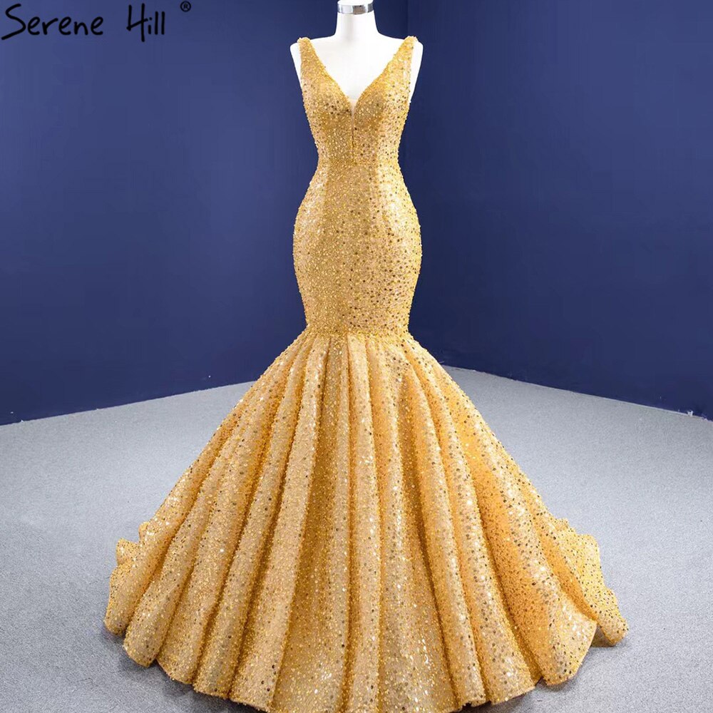Serene Hill Gold Mermaid Lace Up Evening Dresses Gowns 2025 Beaded Elegant Luxury For Women Party HM67290 - SERENE HILL