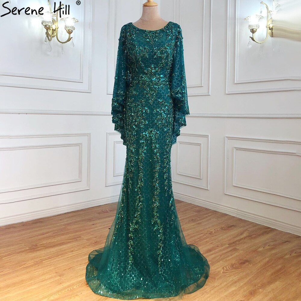 Serene Hill Gold Plus Size Mermaid Elegant Luxury Evening Dresses Gowns 2025 Pearls Beading With Cape For Women Party LA70738 - SERENE HILL