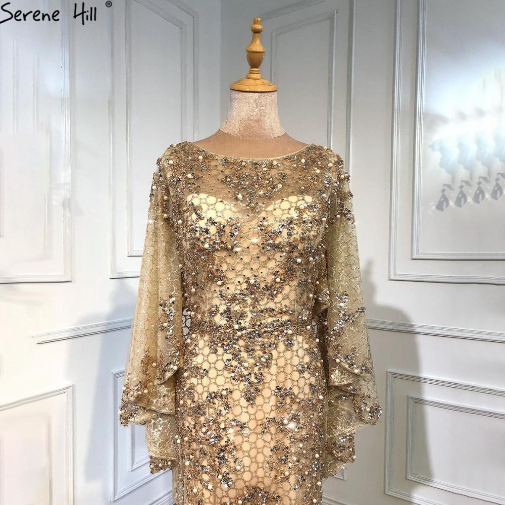 Serene Hill Gold Plus Size Mermaid Elegant Luxury Evening Dresses Gowns 2025 Pearls Beading With Cape For Women Party LA70738 - SERENE HILL