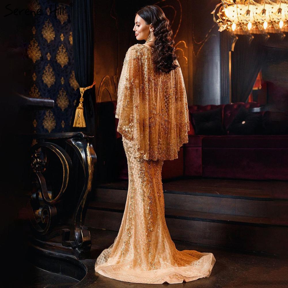 Serene Hill Gold Plus Size Mermaid Elegant Luxury Evening Dresses Gowns 2025 Pearls Beading With Cape For Women Party LA70738 - SERENE HILL