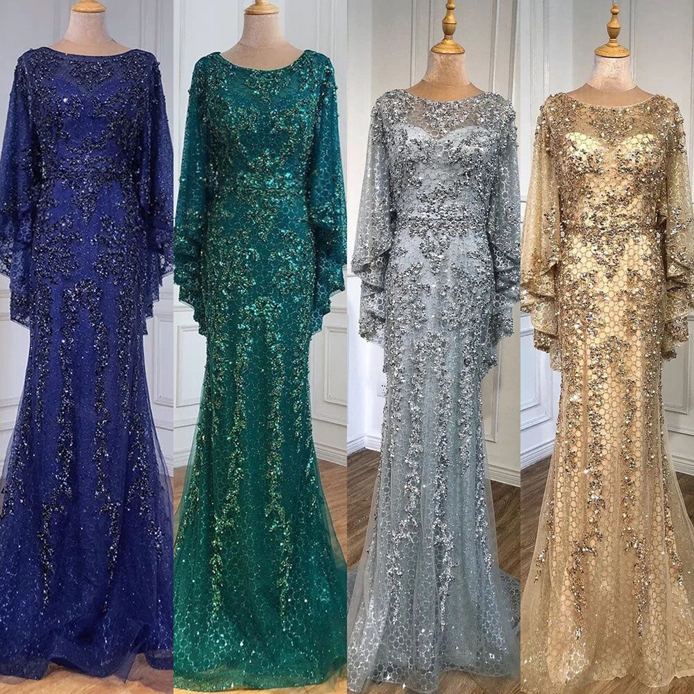 Serene Hill Gold Plus Size Mermaid Elegant Luxury Evening Dresses Gowns 2025 Pearls Beaded With Cape For Women Party LA70738 - SERENE HILL