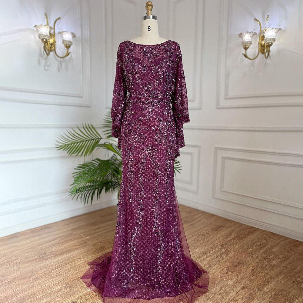 Serene Hill Gold Plus Size Mermaid Elegant Luxury Evening Dresses Gowns 2025 Pearls Beaded With Cape For Women Party LA70738 - SERENE HILL