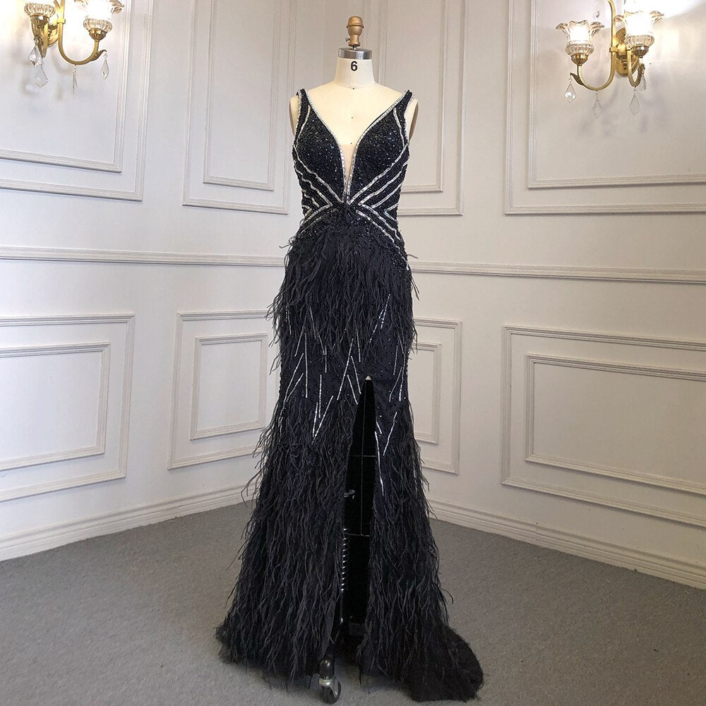 Serene Hill Gold Sexy High Split Mermaid Evening Dresses Gowns Backless Luxury Beaded Feather 2025 For Women Party LA71583 - SERENE HILL