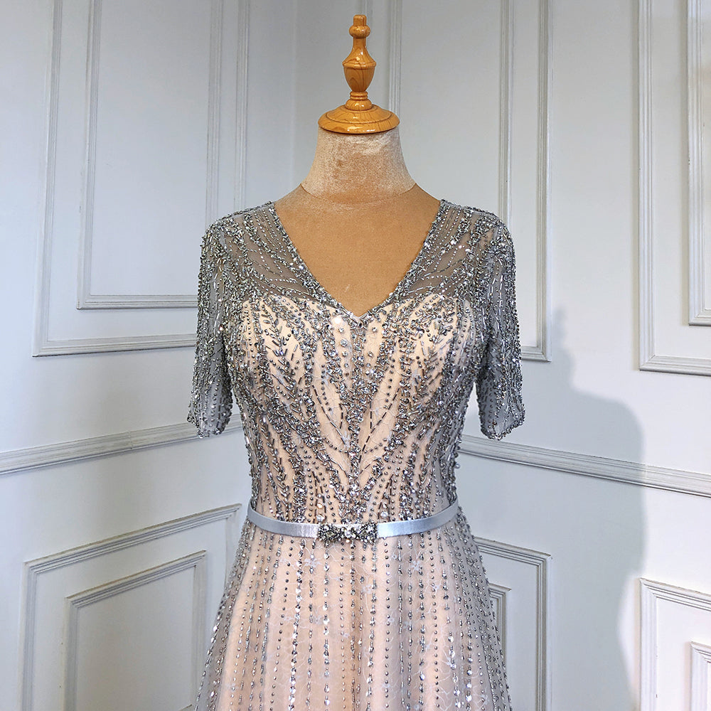 Serene Hill Gold Short Sleeves Evening Dresses Gowns 2025 Luxury Beaded A-Line For Woman Party LA71602 - SERENE HILL