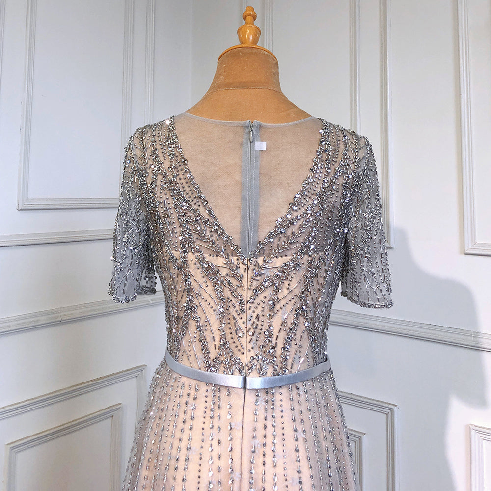 Serene Hill Gold Short Sleeves Evening Dresses Gowns 2025 Luxury Beaded A-Line For Woman Party LA71602 - SERENE HILL