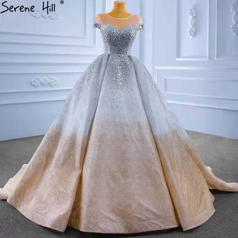 Serene Hill Gold Silver Luxury Wedding Dresses 2025 Cap Sleeve Beaded Crystal Bride Gowns HM67362 Custom Made - SERENE HILL