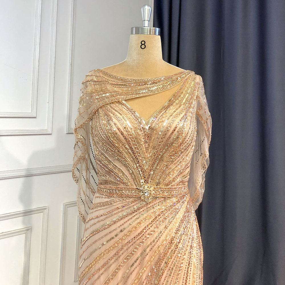 Serene Hill Goud Luxe Mermaid Avond Jurken 2025 Kralen V-hals Sparkle Elegante Voor Vrouwen Party LA70910A - SERENE HILL