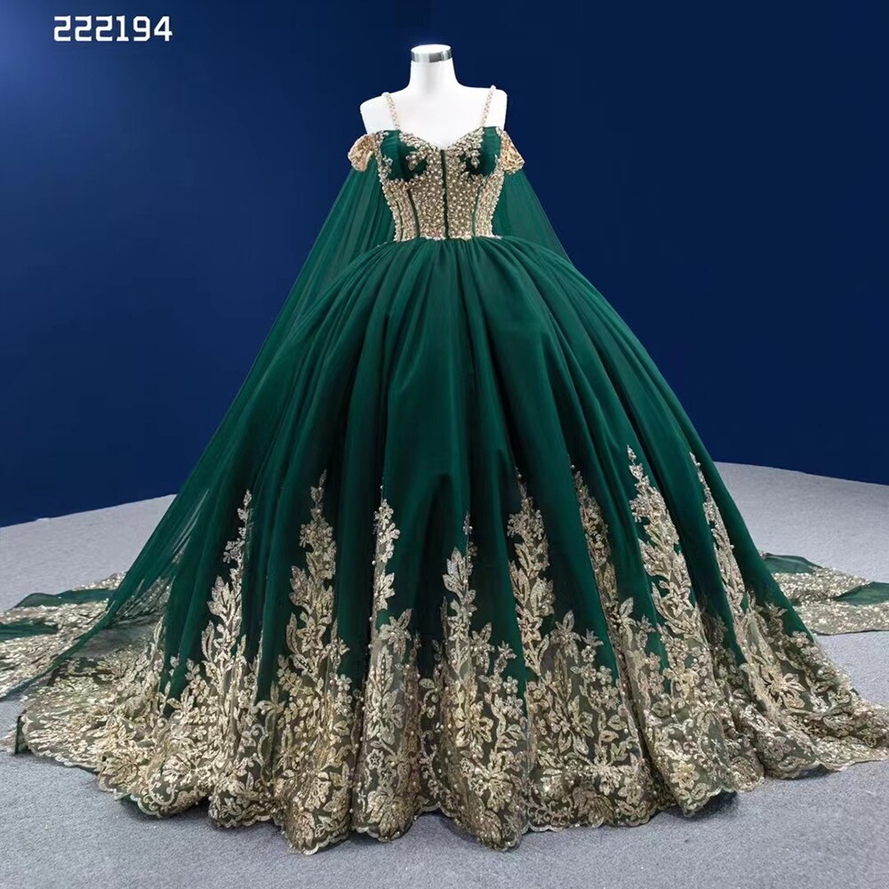Serene Hill Green Cape Sexy Spaghetti Straps Pearls Beaded Lace Up Bride Gowns Wedding Dress 2025 High End Custom Made HM222194 - SERENE HILL