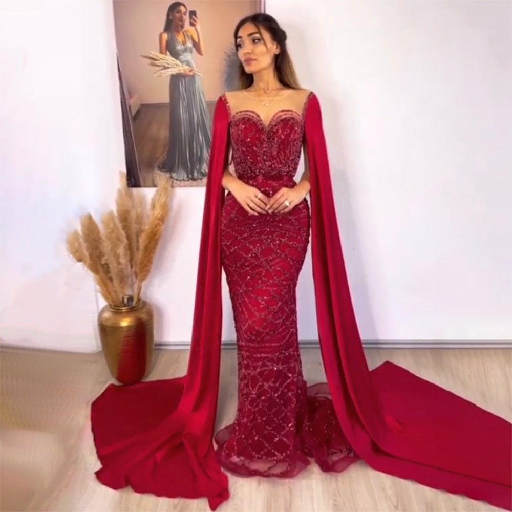 Serene Hill Green Cape Sleeves Luxury Evening Dresses Gowns 2025 Mermaid Beaded Elegant For Women Party LA71668 - SERENE HILL