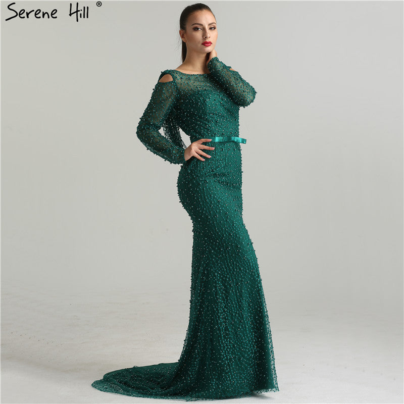 Serene Hill Green Elegant Mermaid Evening Dresses Gowns 2025 Backless Beaded Pearls Luxury For Women Party LA6340 - SERENE HILL
