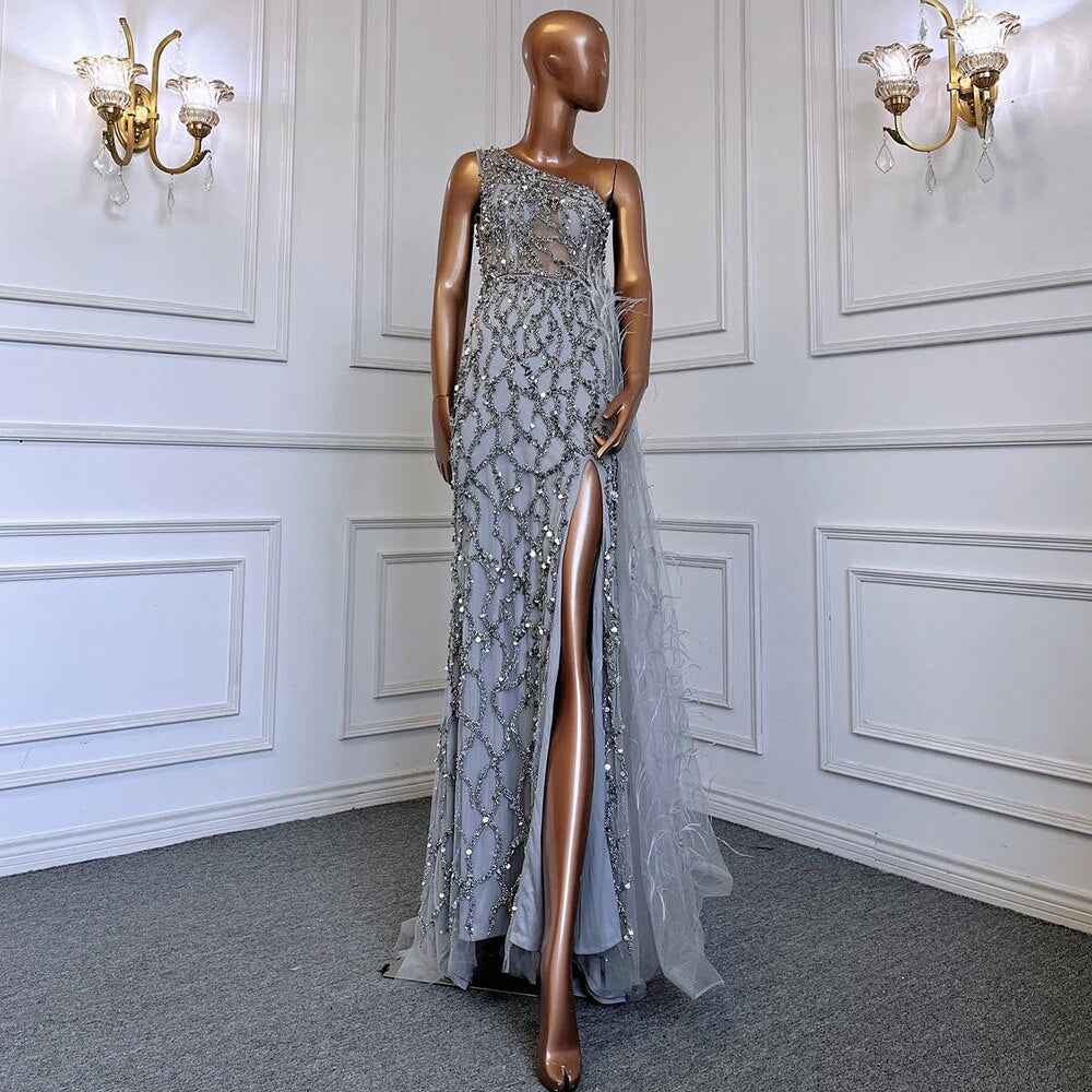 Serene Hill Green Elegant Mermaid Sexy One Shouder Split Evening Dresse Gowns Luxury Beaded Feathers 2025 Women Party LA70829 - SERENE HILL
