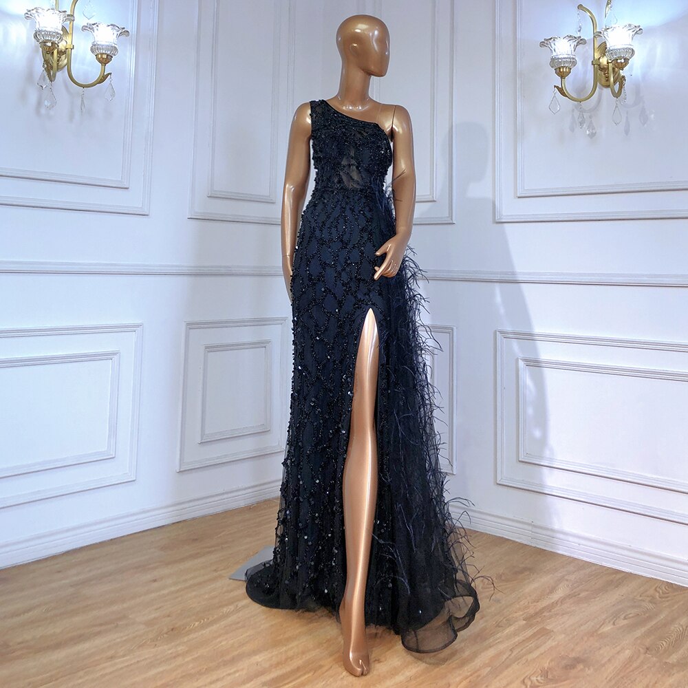 Serene Hill Green Elegant Mermaid Sexy One Shouder Split Evening Dresse Gowns Luxury Beaded Feathers 2025 Women Party LA70829 - SERENE HILL