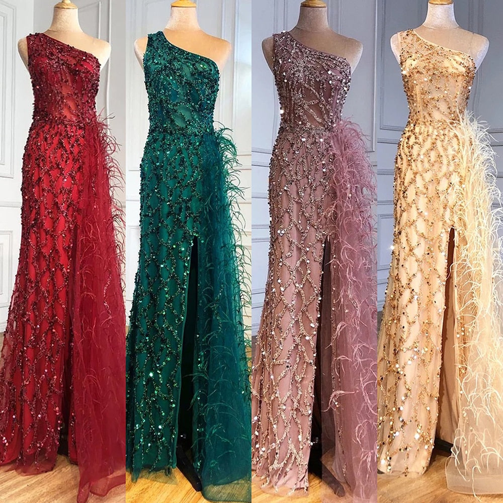 Serene Hill Green Elegant Mermaid Sexy One Shouder Split Evening Dresse Gowns Luxury Beaded Feathers 2025 Women Party LA70829 - SERENE HILL