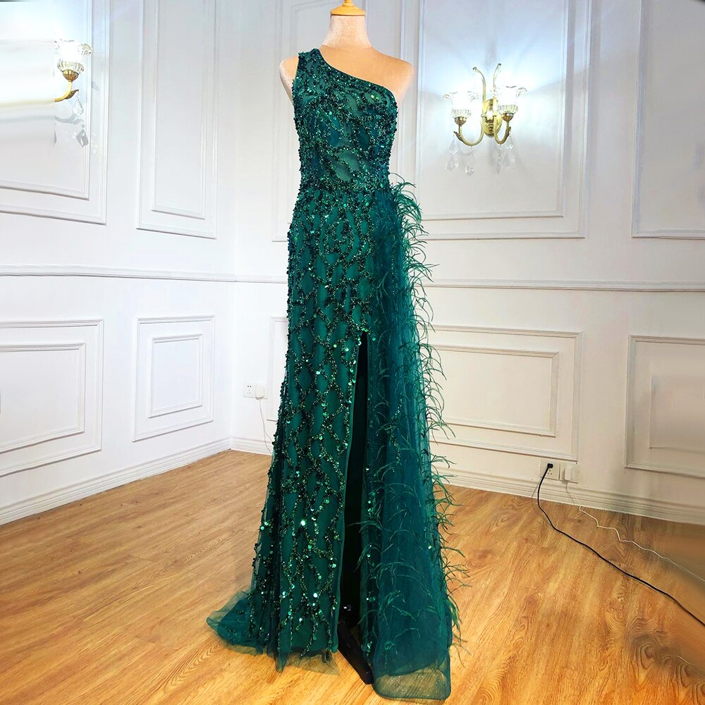 Serene Hill Green Elegant Mermaid Sexy One Shouder Split Evening Dresse Gowns Luxury Beaded Feathers 2025 Women Party LA70829 - SERENE HILL
