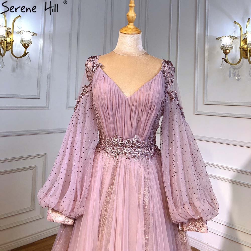 Serene Hill Green Lantern Sleeve Evening Dresses Gowns 2025 A-Line Beaded Luxury For Women Wedding Party LA71477 - SERENE HILL