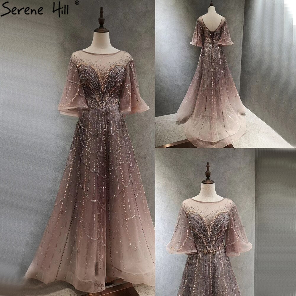 Serene Hill Green Long Flare Sleeves Evening Dresses Gowns 2025 A-Line Luxury Beading For Women Party LA70822 - SERENE HILL