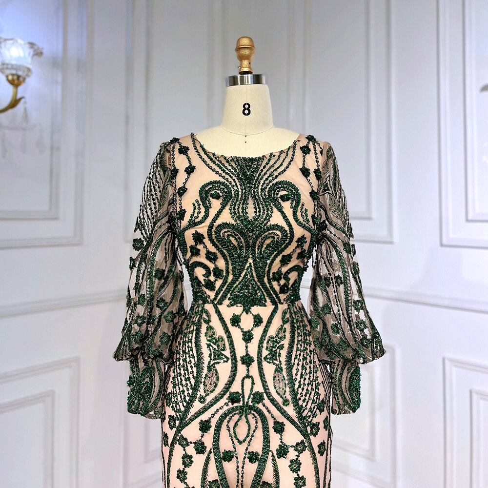 Serene Hill Green Mermaid Elegant Puff Sleeves Lace Beaded Luxury Evening Dresses Gowns For Women Muslim Party 2025 LA71840 - SERENE HILL
