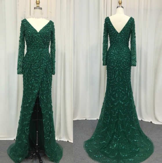Serene Hill Green Mermaid Elegant V-Neck Pearls Long Sleeves Evening Dresses Luxury Beaded 2025 For Women Wedding Party LA70499 - SERENE HILL