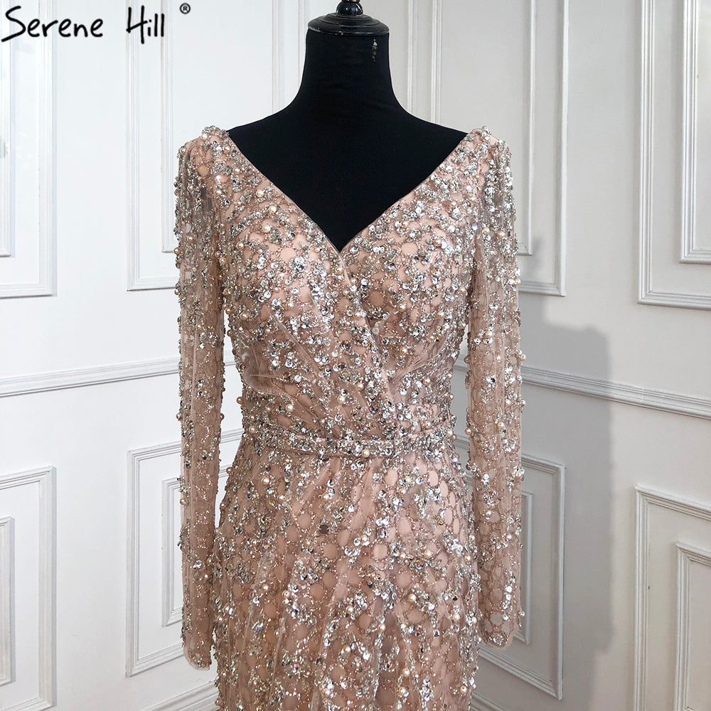 Serene Hill Green Mermaid Elegant V-Neck Pearls Long Sleeves Evening Dresses Luxury Beaded 2025 For Women Wedding Party LA70499 - SERENE HILL