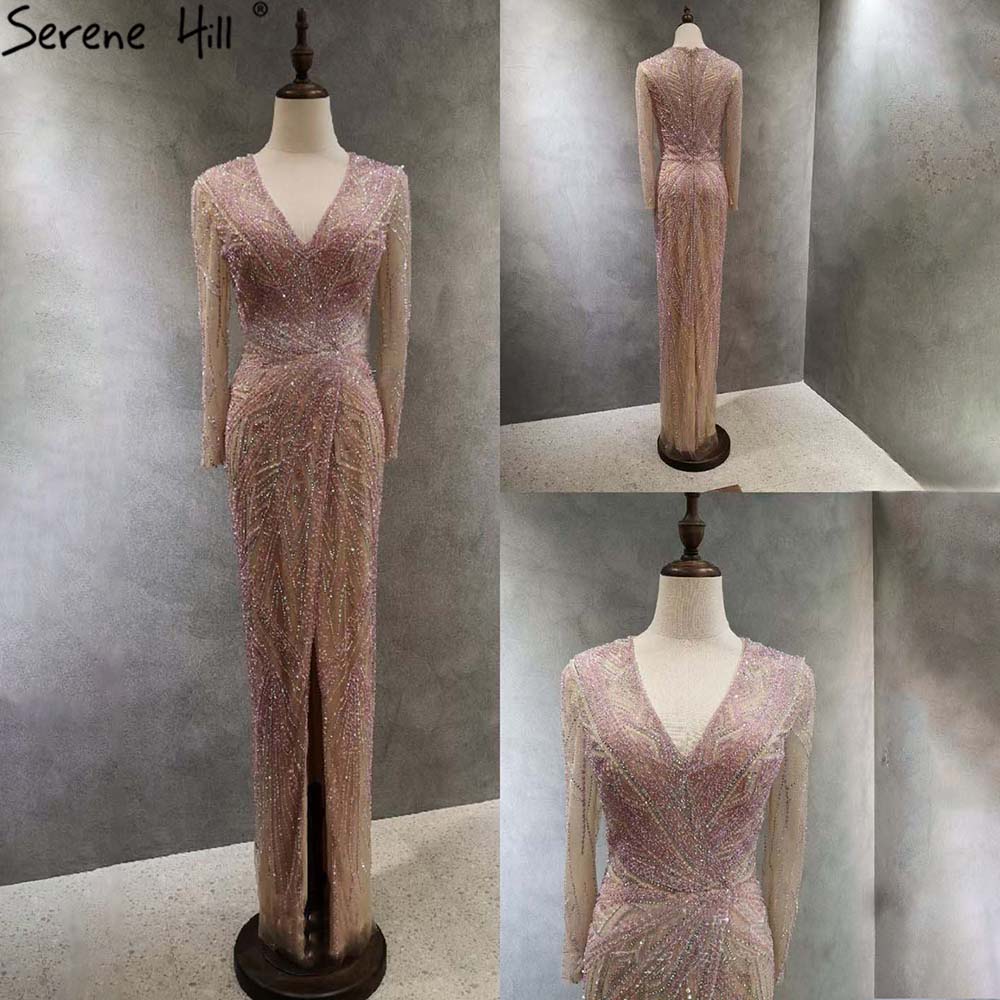 Serene Hill Green Mermaid High Split Evening Dresses Gowns 2025 Beaded Elegant Luxury For Women Party LA71385 - SERENE HILL