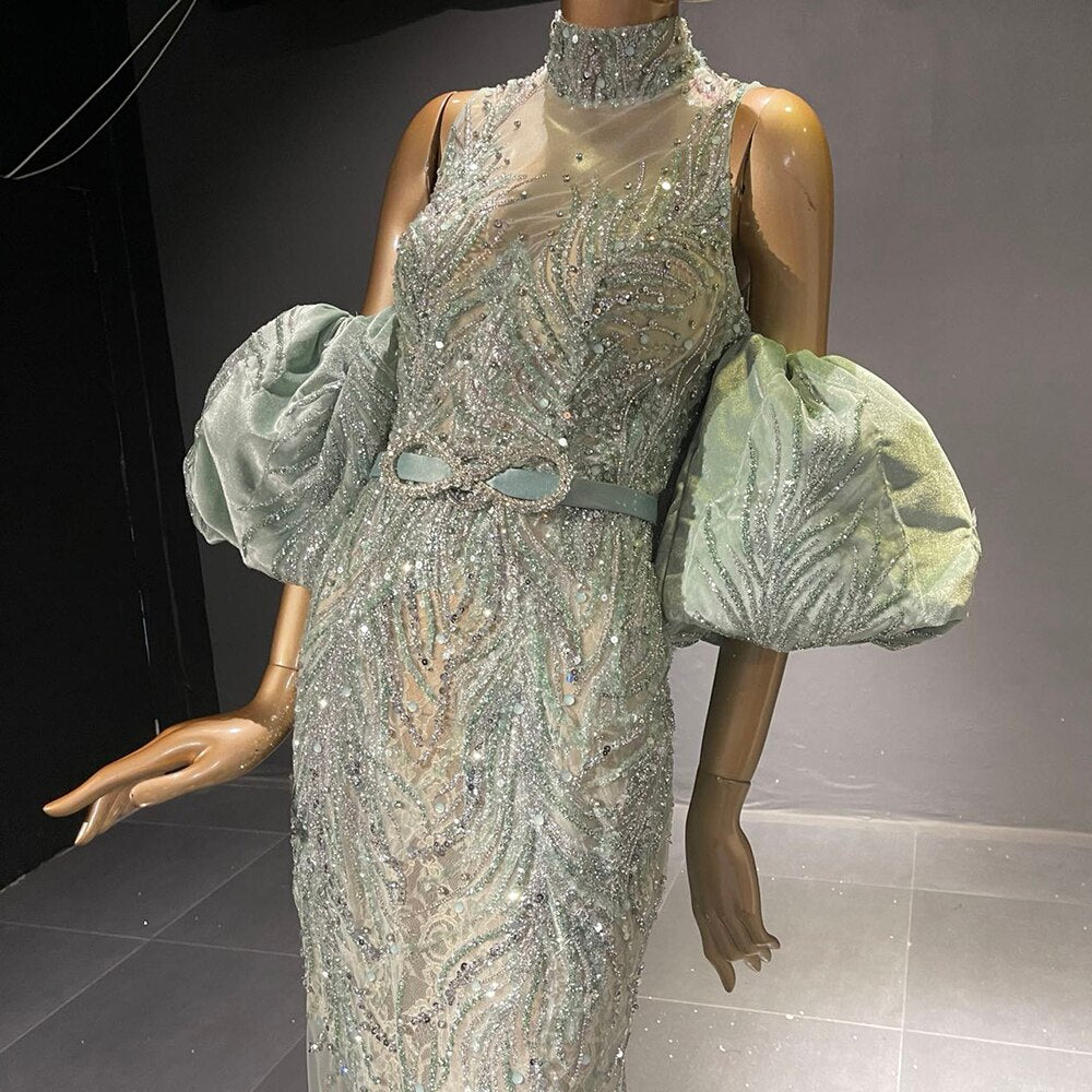Serene Hill Green Puff Sleeve Evening Dresses Gowns 2025 Beaded Mermaid Luxury Elegant For Women Party LA71537 - SERENE HILL