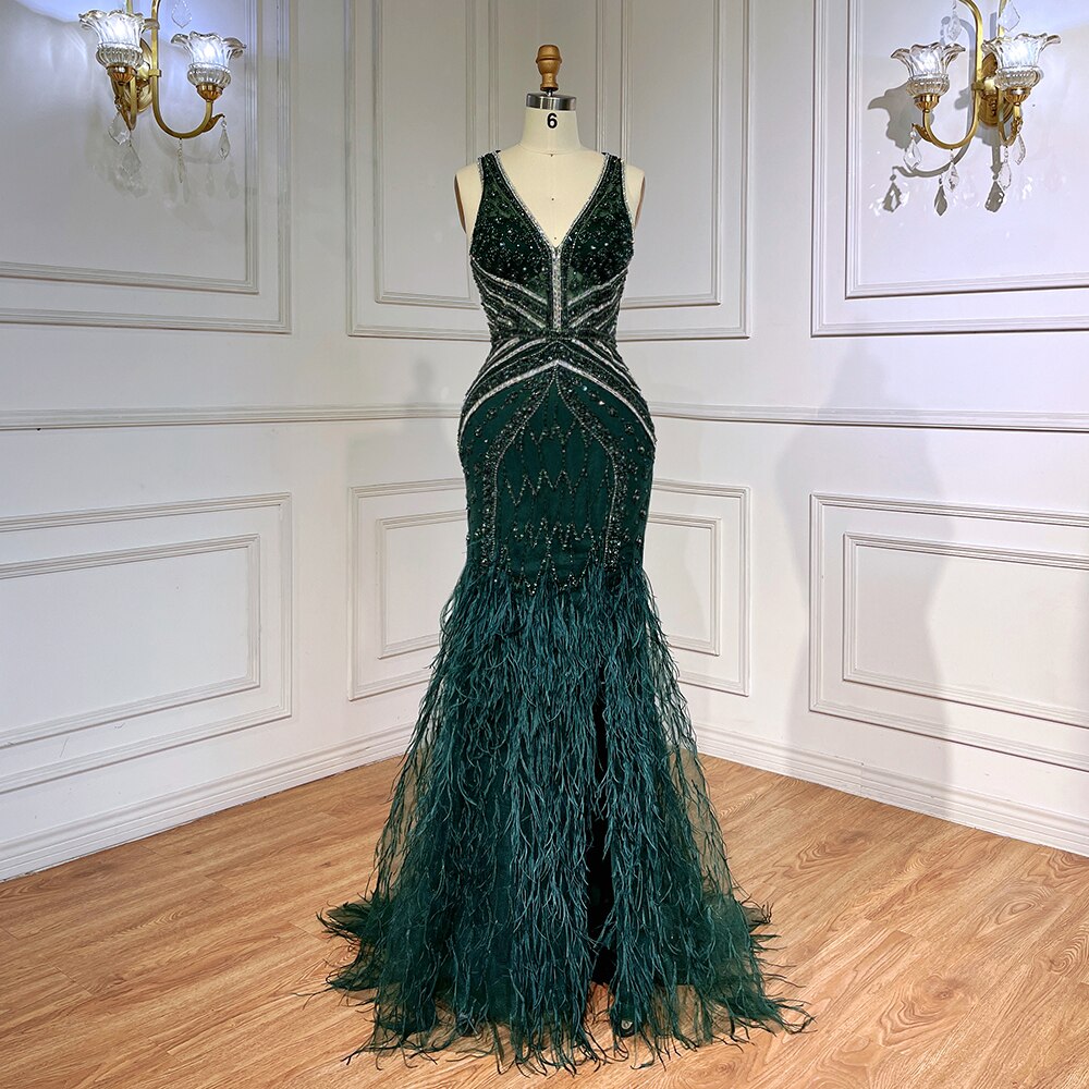 Serene Hill Green Sexy Mermaid Split Feathers Beaded Formal Arabic Luxury Prom Dress For Women Party 2025 LA71845 - SERENE HILL