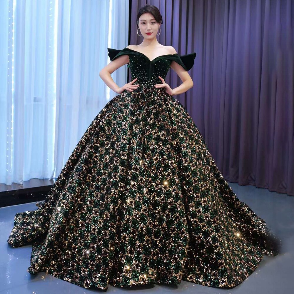 Serene Hill Green Sexy Off Shoulder Luxury Sparkle Sequins Beaded Bride Gowns Wedding Dress 2025 High End Custom Made HM67477 - SERENE HILL