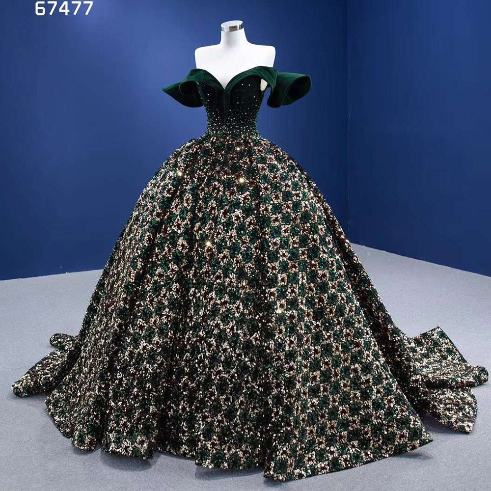 Serene Hill Green Sexy Off Shoulder Luxury Sparkle Sequins Beaded Bride Gowns Wedding Dress 2025 High End Custom Made HM67477 - SERENE HILL