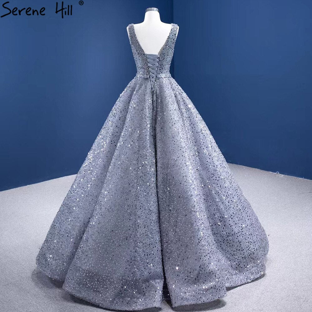 Serene Hill Grey A-Line Luxury Evening Dresses Gowns 2025 Beaded Sleeveless Lace Up For Women Party HM67288 - SERENE HILL