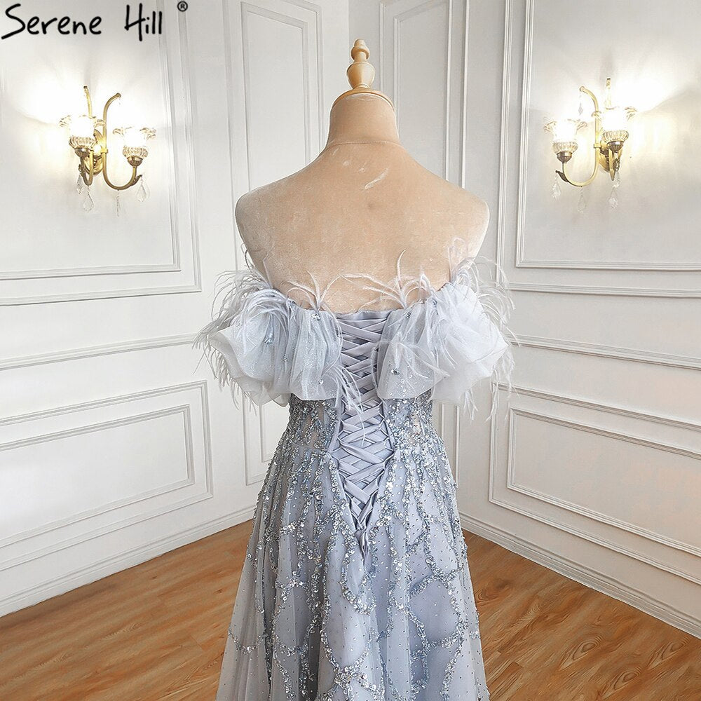 Luxury Turquoise Beaded Feather A Line Evening Dress LA71328 - SERENE HILL