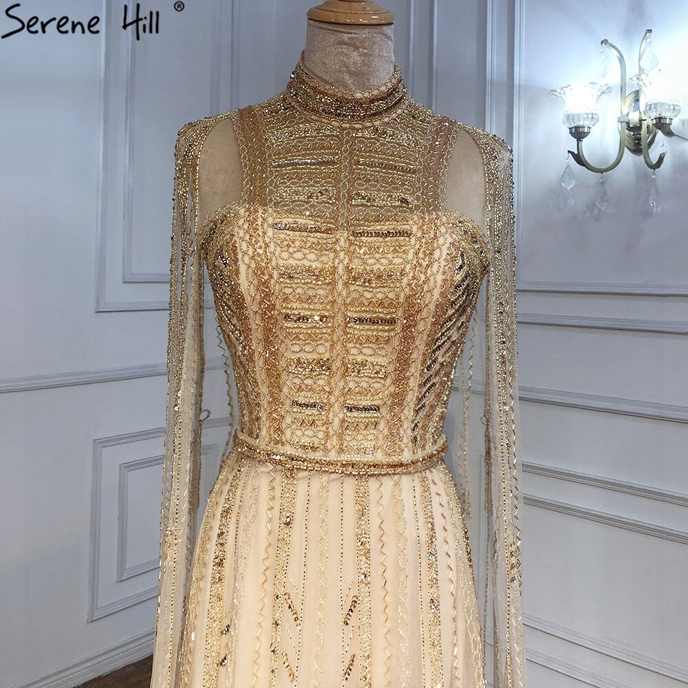 Luxury Designer Grey Nude Arabic Beaded Evening Dress with Cape Sleeves LA71047 - SERENE HILL