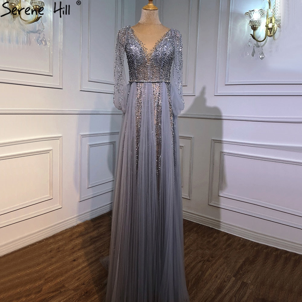 Serene Hill Grey Luxury A-Line Sexy Evening Dresses Gowns 2025 Diamond Beading Elegant For Women Party LA70788 - SERENE HILL