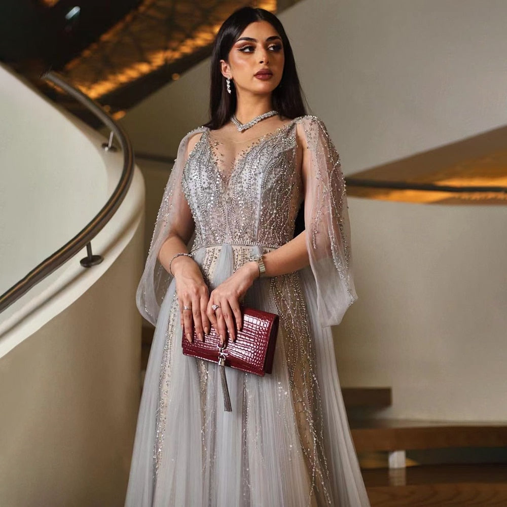 Serene Hill Grey Luxury A-Line Sexy Evening Dresses Gowns Diamond Beaded Elegant 2025 For Women Party LA70788 - SERENE HILL