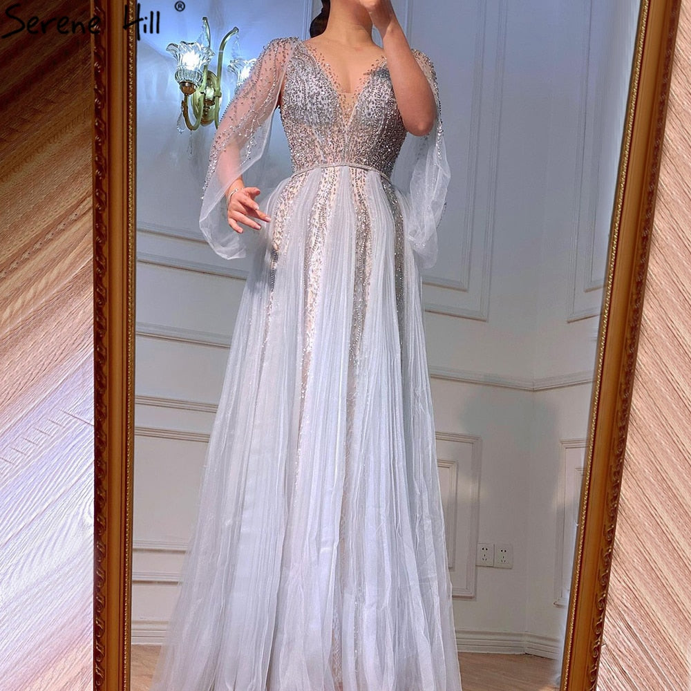 Serene Hill Grey Luxury A-Line Sexy Evening Dresses Gowns Diamond Beaded Elegant 2025 For Women Party LA70788 - SERENE HILL