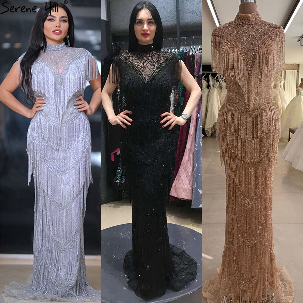 Serene Hill Grey Mermaid Luxury Evening Dresses Gowns Cap Sleeves Beading Tassel Sexy For Women Party 2025 LA70529 - SERENE HILL