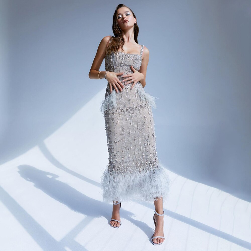 Serene Hill Grey Mermaid Midi Length Evening Dresses Gowns Beaded Sexy Feather Rear Leg Split 2025 For Women Party LA71669 White gold / 8