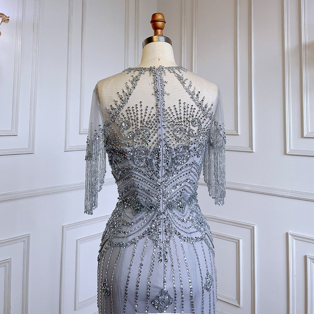 Serene Hill Grey Mermaid O-Neck Short Sleeves Elegant Beaded Luxury Tassel Dubai Evening Dresses Gowns For Women Party 2025 LA70646 - SERENE HILL