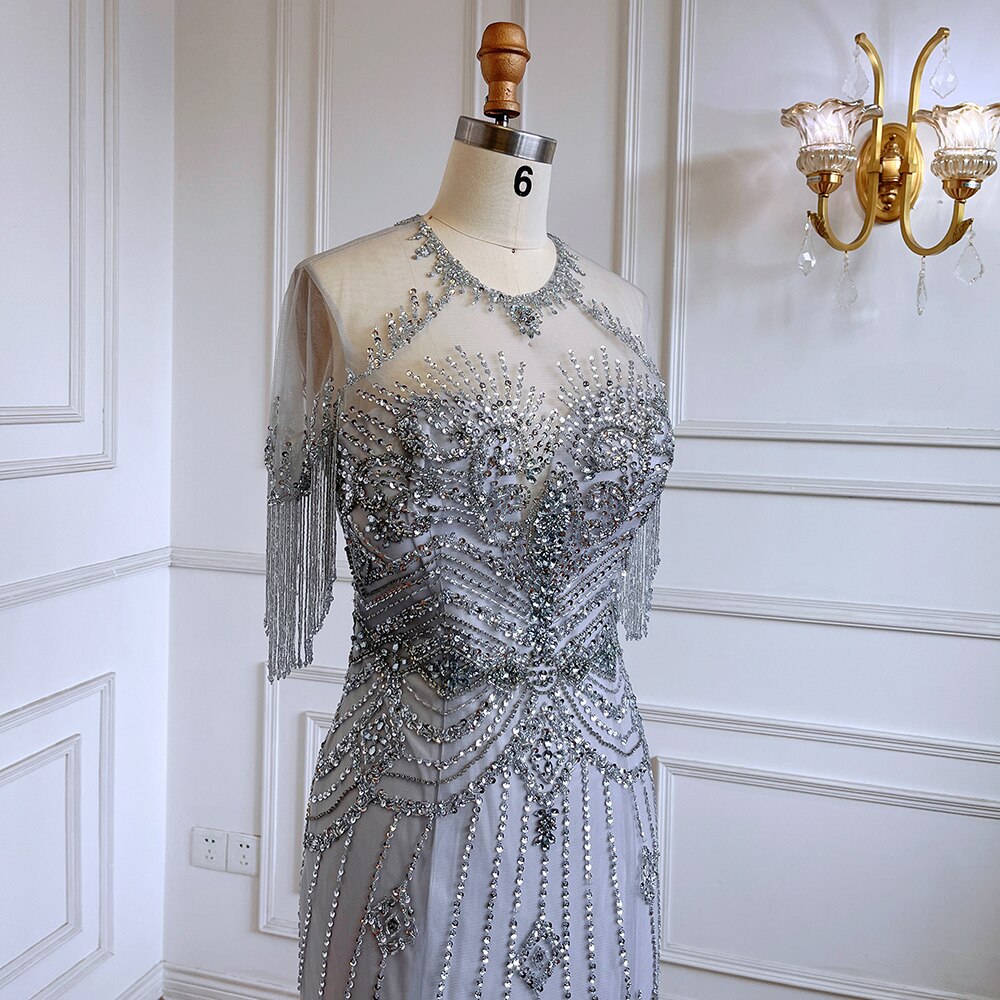 Serene Hill Grey Mermaid O-Neck Short Sleeves Elegant Beaded Luxury Tassel Dubai Evening Dresses Gowns For Women Party 2025 LA70646 - SERENE HILL