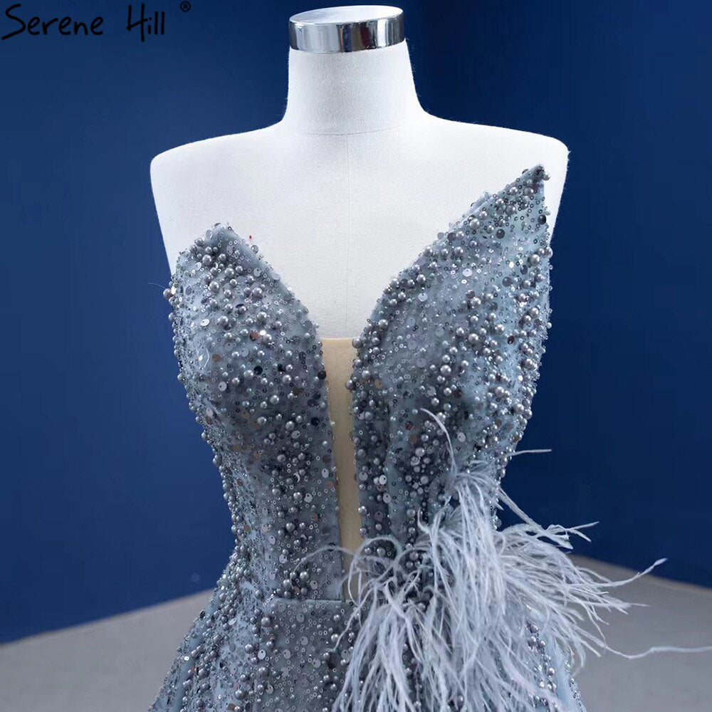 Serene Hill Grey Mermaid Overskirt Evening Dresses Gowns 2025 Feather Beaded Elegant For Women Party HM67340 - SERENE HILL