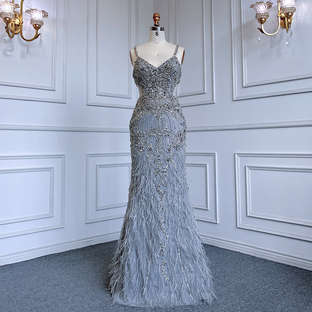 Serene Hill Grey Mermaid Sexy Spaghetti Straps Cut Out Luxury Beaded Feather Dress Evening Gowns 2025 For Woman Party LA71774 - SERENE HILL