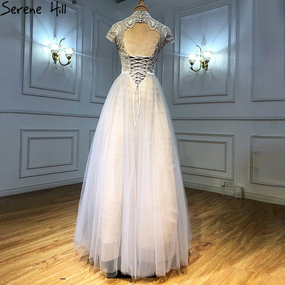 Serene Hill Grey Nude A-Line Evening Dresses Gowns 2025 Crystal Beaded Sexy For Women Wedding Party LA71159 - SERENE HILL