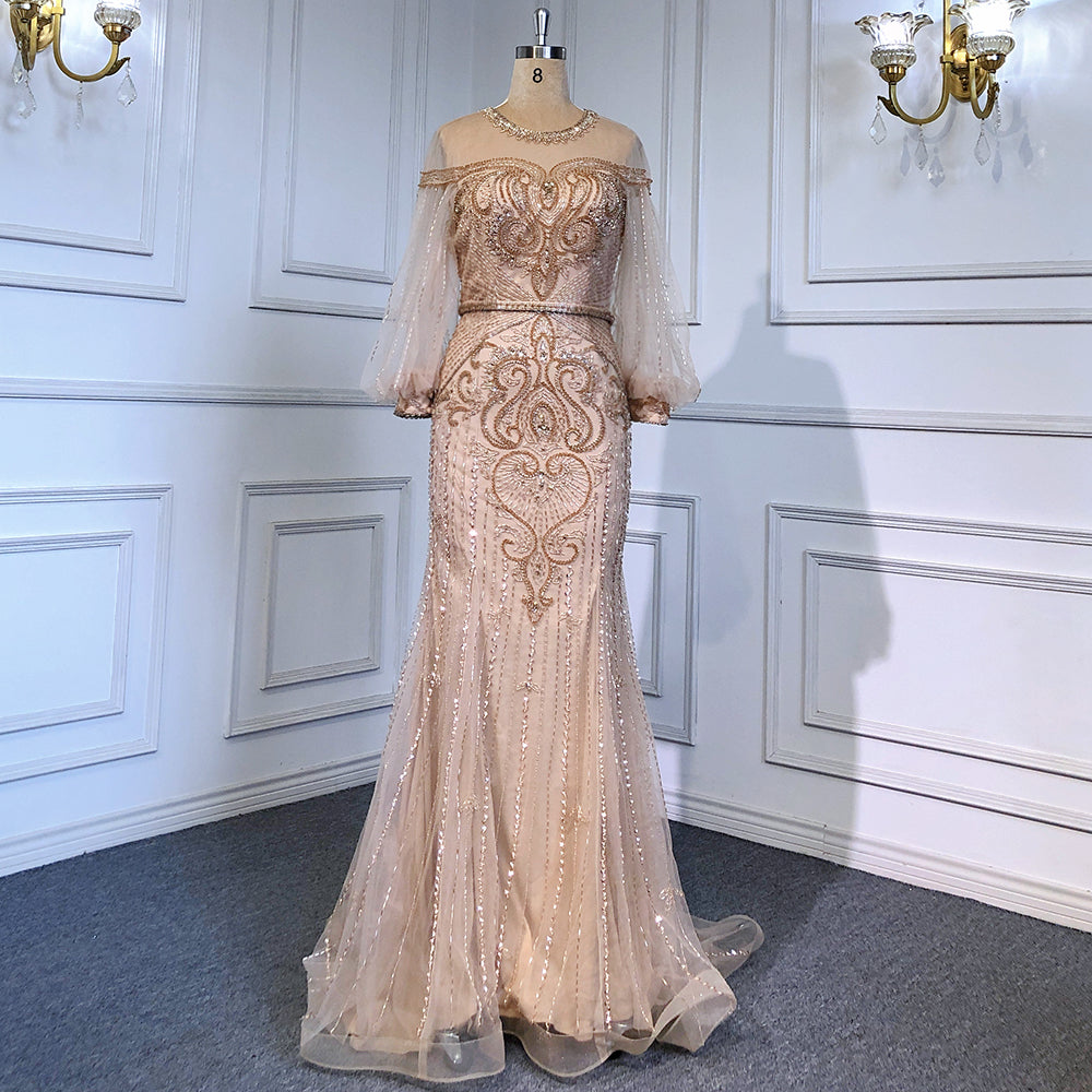 Serene Hill Grey Nude Luxury Evening Dresses Gowns 2025 Beaded Lantern Sleeve Mermaid Elegant For Women Party LA71603 - SERENE HILL