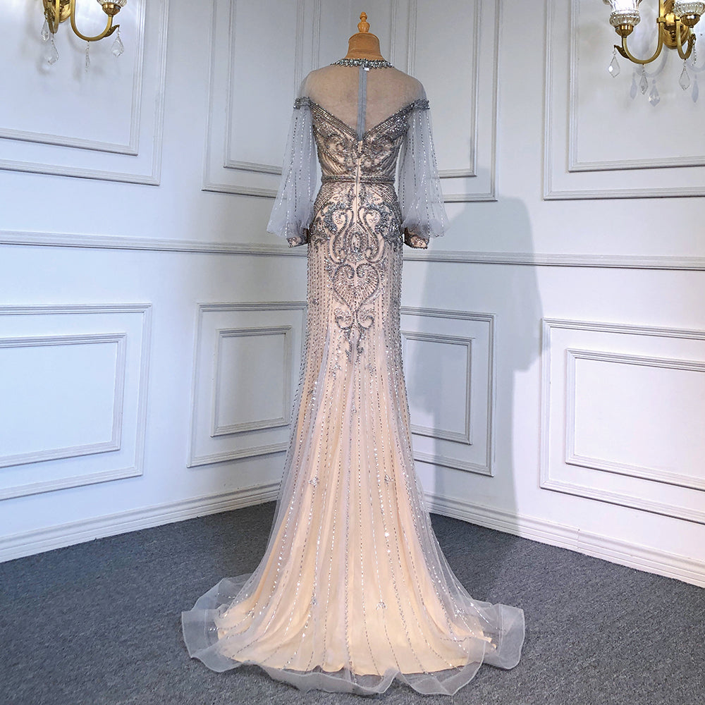Serene Hill Grey Nude Luxury Evening Dresses Gowns 2025 Beaded Lantern Sleeve Mermaid Elegant For Women Party LA71603 - SERENE HILL