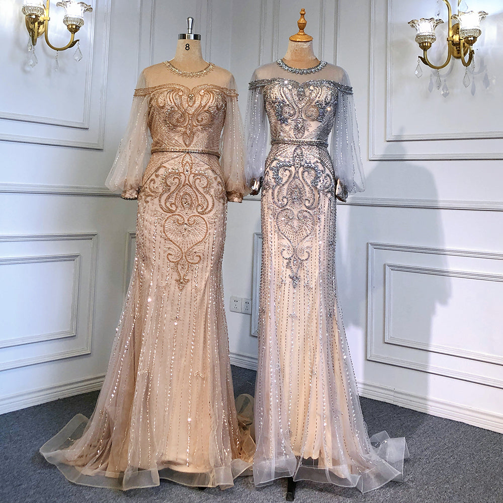 Serene Hill Grey Nude Luxury Evening Dresses Gowns 2025 Beaded Lantern Sleeve Mermaid Elegant For Women Party LA71603 - SERENE HILL