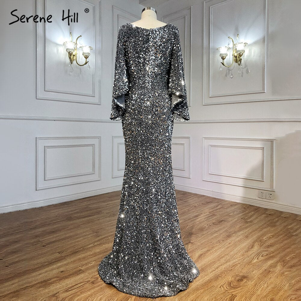 Serene Hill Grey Sliver Luxury Evening Dresses Gowns 2025 Elegant Sexy Flared Sleeves For Woman Party LA71178 - SERENE HILL